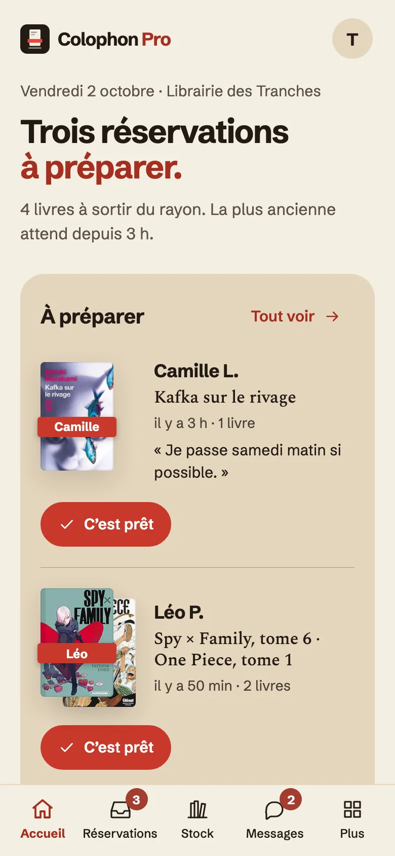 Le même accueil sur téléphone, avec un bouton « C’est prêt » sous chaque réservation.