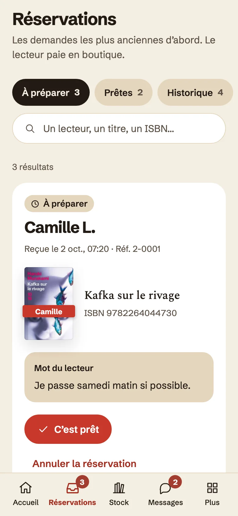 Les réservations sur téléphone, avec les filtres À préparer, Prêtes et Historique.